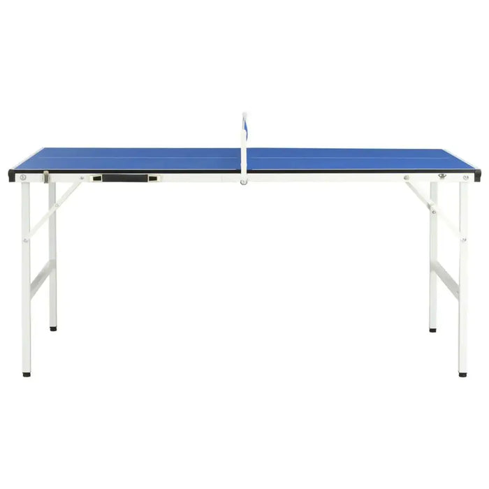 Blue 5ft compact ping pong table with folding white legs and central net
