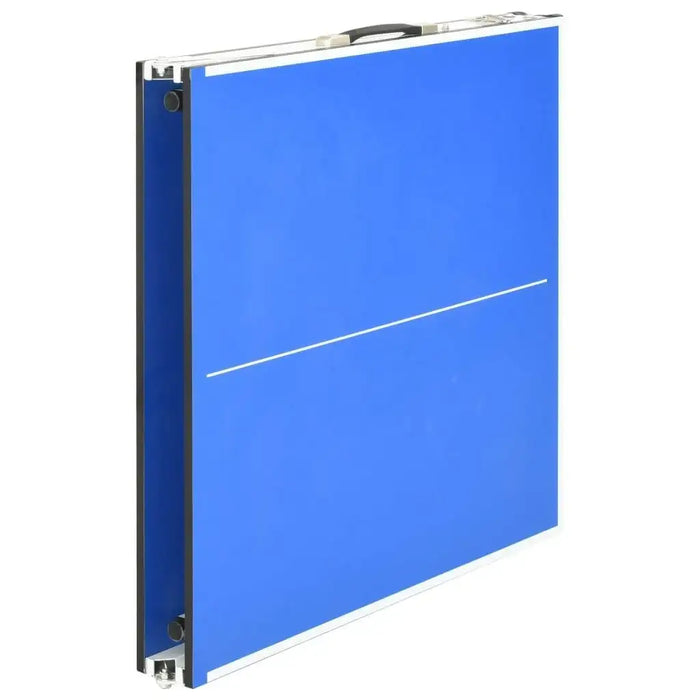 Folded blue compact ping pong table with white line and carrying handle