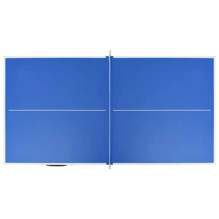 Blue compact ping pong table top view with white lines and center net