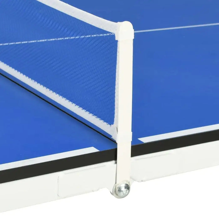 Close-up of blue compact ping pong table with white net, space-saving game room essential