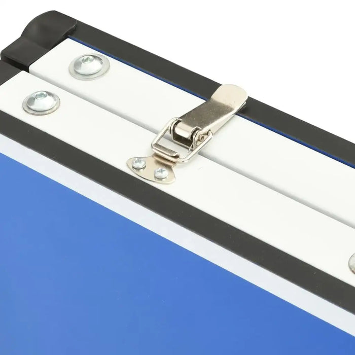Close-up of blue compact ping pong table latch and metal frame