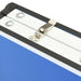Close-up of blue compact ping pong table latch and metal frame
