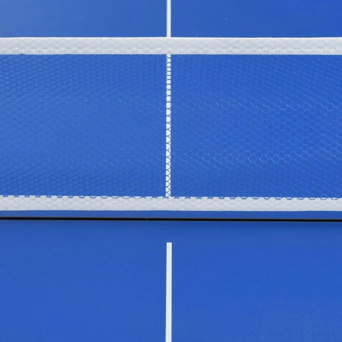 Blue compact ping pong table with white net and lines, games room essential