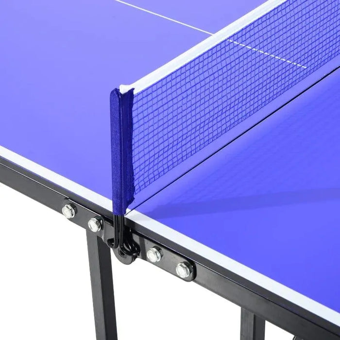 Close-up of blue 5ft professional table tennis table with net and dual carry handles