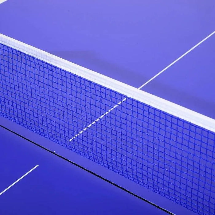 Close-up of blue table tennis table with net and white lines, professional style.