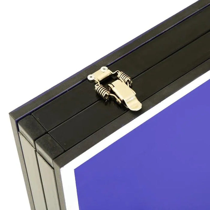 Close-up of folded blue table tennis table with metal latch and black frame