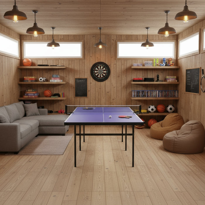5ft professional table tennis table in wood-paneled game room with sofa, dartboard, and sports balls
