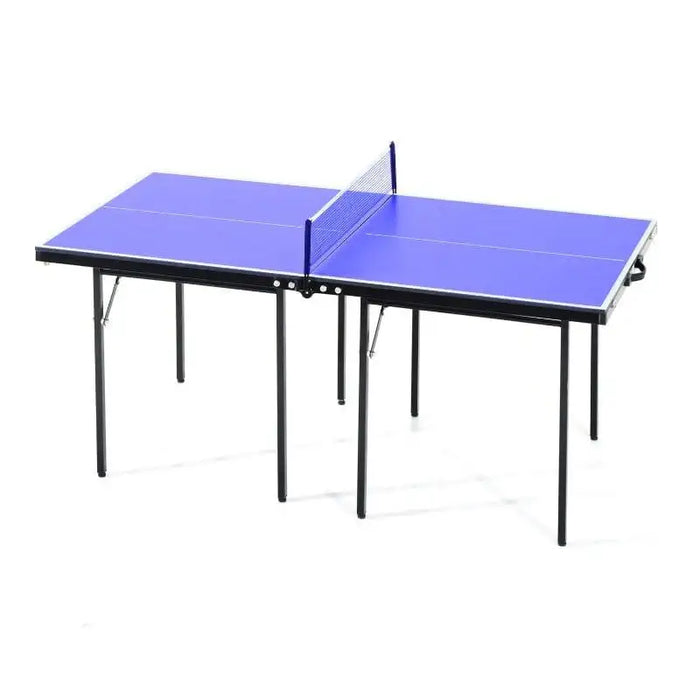 5ft blue table tennis table with net and black foldable legs on white background