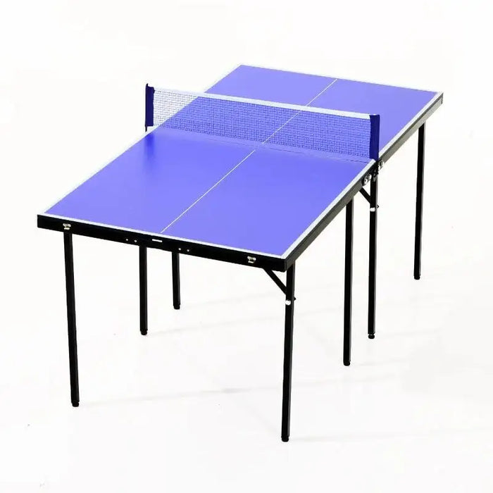 5ft blue professional table tennis table with net and foldable black legs on white background