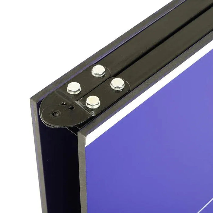 Corner hinge detail of blue 5ft professional table tennis table frame