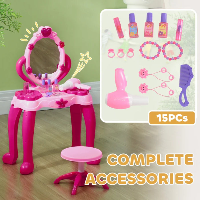 Kids Dressing Table with Mirror and Stool, Light, Music and 15 Accessories