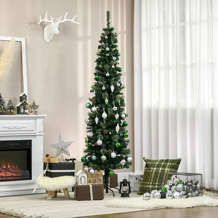 6.5ft Slim Artificial Christmas Tree | Unlit - Pine Cones and Needles HOMCOM - Little and Giant Explorers HOMCOM