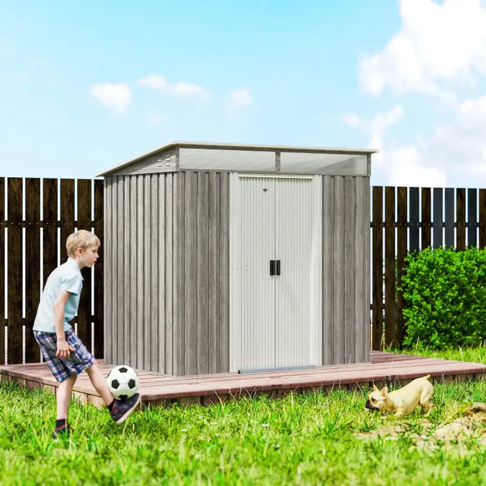 6.5x4ft Metal Garden Storage Shed – Light Grey Wood Effect | Galvanised Steel OUTSUNNY - Little and Giant Explorers Outsunny