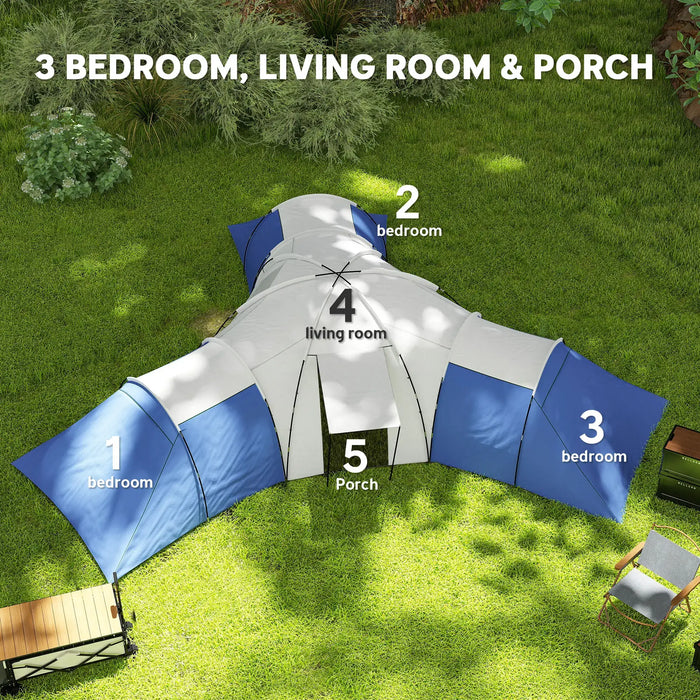 Large Camping Tent with 3 Bedrooms, Living Area and Porch in Blue (6 - 9 persons) - Little and Giant Explorers Outsunny