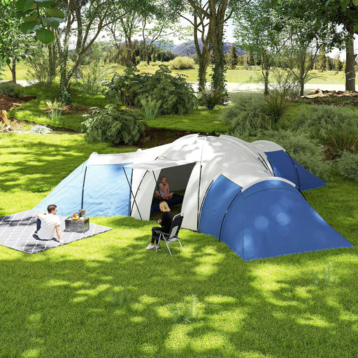 Large Camping Tent with 3 Bedrooms, Living Area and Porch in Blue (6 - 9 persons) - Little and Giant Explorers Outsunny