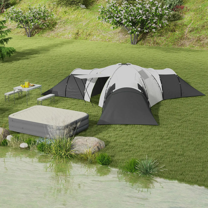 Large Camping Tent with 3 Bedrooms, Living Area and Porch in Grey (6-9 persons) - Little and Giant Explorers Outsunny