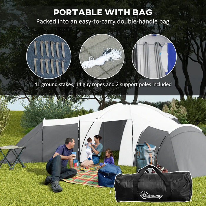 Large Camping Tent with 3 Bedrooms, Living Area and Porch in Grey (6-9 persons) - Little and Giant Explorers Outsunny
