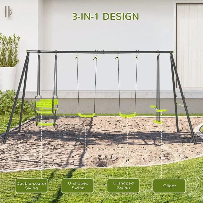 Outdoor 3-in-1 swing set with double-seater swing, two U-shaped swings, and glider.