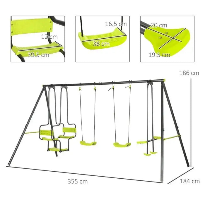 Yellow and black outdoor swing set with two swings, glider, double chair and measurements