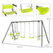 Yellow and black outdoor swing set with two swings, glider, double chair and measurements