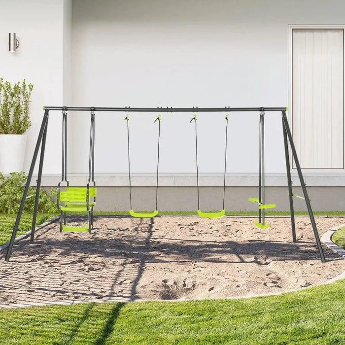 6-child swing set with two swings, glider, and double seater chair in backyard