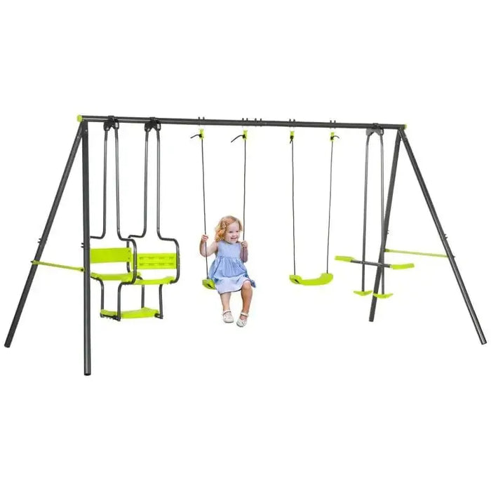 6-child swing set with two swings, glider, and double seater chair, child playing