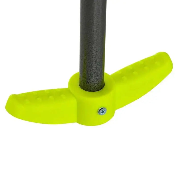 Close-up of yellow plastic swing seat connector with metal pole for children's swing set