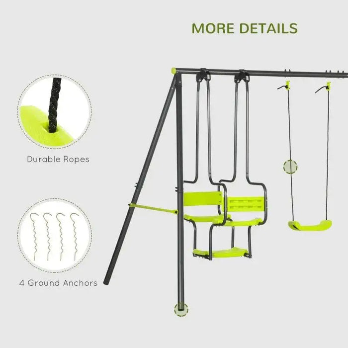 Green and black 4-seat kids swing set with durable ropes and ground anchors, outdoor play equipment