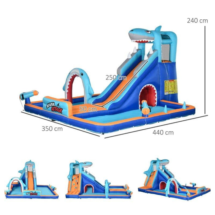 6-in-1 Bounce Castle with Slide, Pool, Climbing Wall, Doorway, Fountain Arch and Water Gun with Blower - Little and Giant Explorers Outsunny