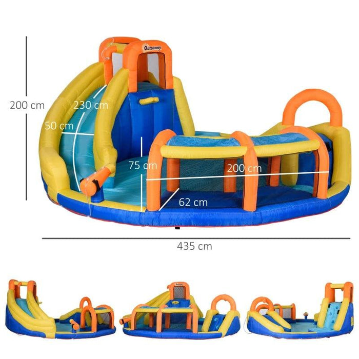 6-in-1 Bounce Castel with Slide, Water Pool, Gun Basket, Trampoline, Climbing Wall and Tunnel with Blower - Little and Giant Explorers Outsunny