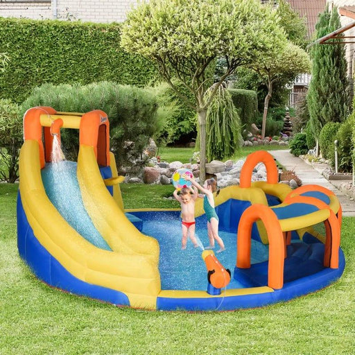 6-in-1 Bounce Castel with Slide, Water Pool, Gun Basket, Trampoline, Climbing Wall and Tunnel with Blower - Little and Giant Explorers Outsunny