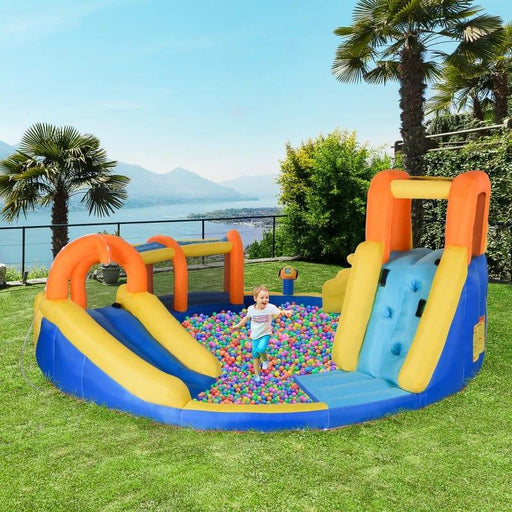 6-in-1 Bounce Castel with Slide, Water Pool, Gun Basket, Trampoline, Climbing Wall and Tunnel with Blower - Little and Giant Explorers Outsunny