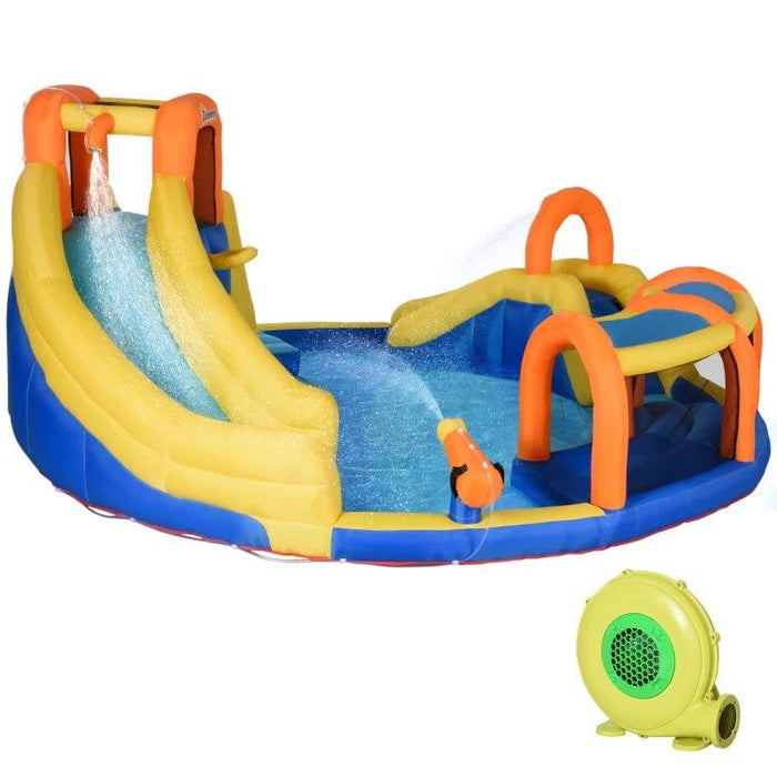 6-in-1 Bounce Castel with Slide, Water Pool, Gun Basket, Trampoline, Climbing Wall and Tunnel with Blower - Little and Giant Explorers Outsunny