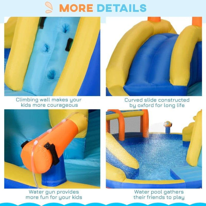 6-in-1 Bounce Castel with Slide, Water Pool, Gun Basket, Trampoline, Climbing Wall and Tunnel with Blower - Little and Giant Explorers Outsunny