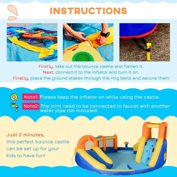 6-in-1 Bounce Castel with Slide, Water Pool, Gun Basket, Trampoline, Climbing Wall and Tunnel with Blower - Little and Giant Explorers Outsunny