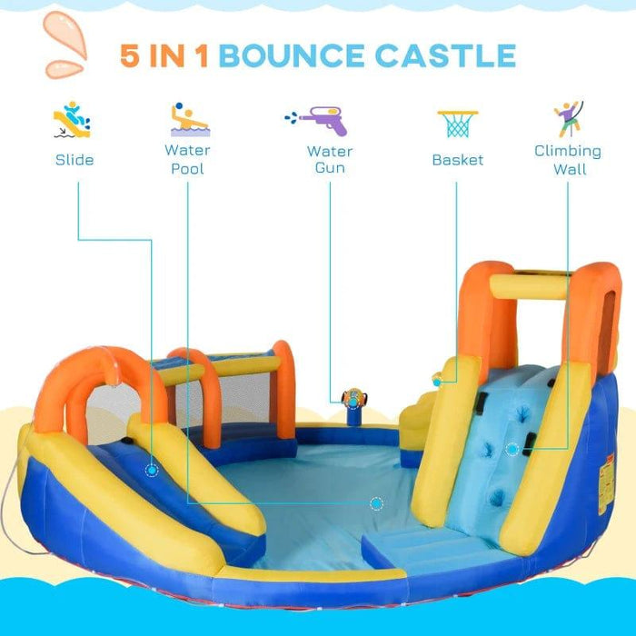 6-in-1 Bounce Castel with Slide, Water Pool, Gun Basket, Trampoline, Climbing Wall and Tunnel with Blower - Little and Giant Explorers Outsunny