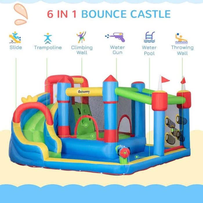 6-in-1 Bounce Castle with Slide, Water Pool, Trampoline, Climbing Wall, Throwing Wall and Water Gun with Blower - Little and Giant Explorers Outsunny