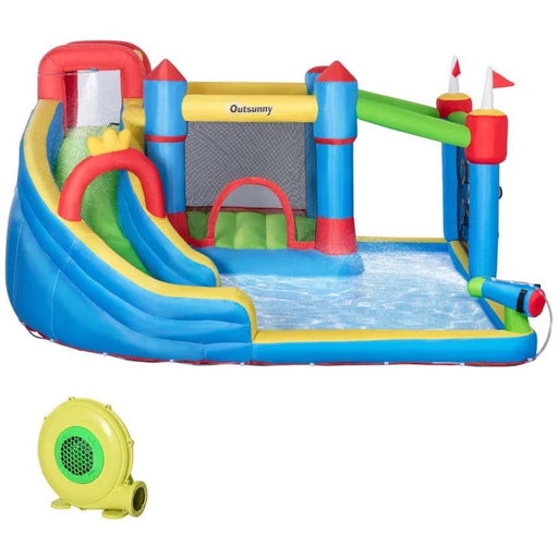 6-in-1 Bounce Castle with Slide, Water Pool, Trampoline, Climbing Wall, Throwing Wall and Water Gun with Blower - Little and Giant Explorers Outsunny