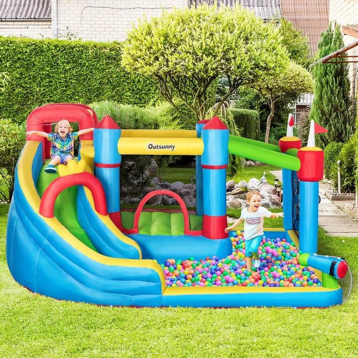 6-in-1 Bounce Castle with Slide, Water Pool, Trampoline, Climbing Wall, Throwing Wall and Water Gun with Blower - Little and Giant Explorers Outsunny