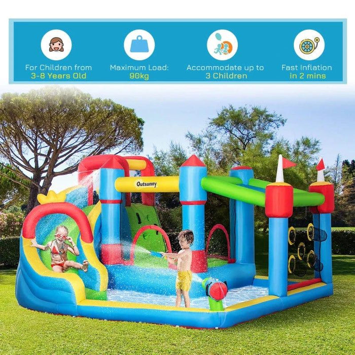 6-in-1 Bounce Castle with Slide, Water Pool, Trampoline, Climbing Wall, Throwing Wall and Water Gun with Blower - Little and Giant Explorers Outsunny