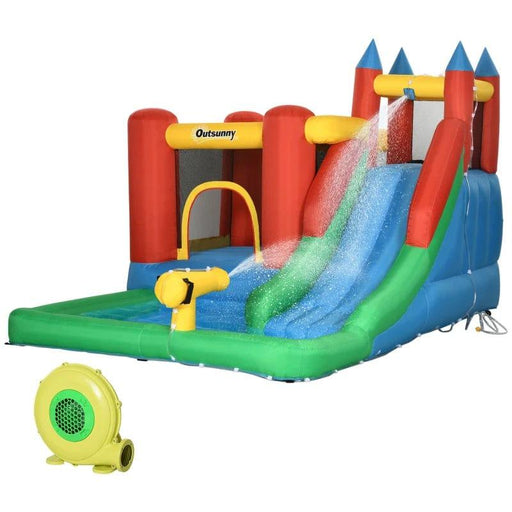 6-in-1 Bounce Castle with Trampoline, Big Slide, Water Pool, Basketball Hoop, Water Gun and Climbing Wall with Blower - Little and Giant Explorers Outsunny