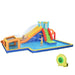 Kids playing on a colorful 6-in-1 inflatable water park with slide, pool, and climbing wall.