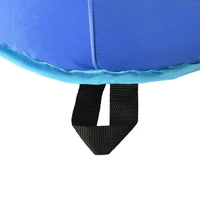 Close-up of blue inflatable water park material with black anchor strap loop