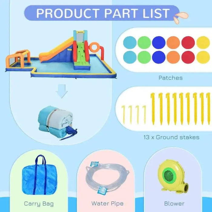 6-in-1 inflatable water park set with slide, pool, climbing wall, patches, stakes, bag, blower