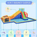 Colorful 6-in-1 inflatable water park with slide, pool, climbing wall, basketball hoop, football stand, and water cannon.