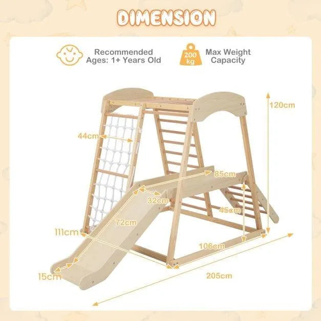 Natural wood indoor jungle gym with slide, rope ladder, monkey bars, and measurements displayed.