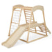 Natural wooden indoor jungle gym with slide, rope ladder, monkey bars, and climbing frame