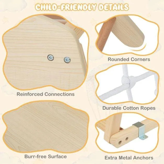 Child-friendly wooden indoor jungle gym details: rounded corners, reinforced connections, burr-free surface, durable cotton ropes, extra metal anchors.