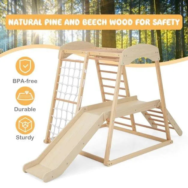 Natural wooden indoor jungle gym with slide, rope ladder, monkey bars, BPA-free, sturdy, durable.
