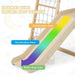 Wooden indoor slide with rope ladder, labeled acceleration, deceleration, and buffer stop zones.
